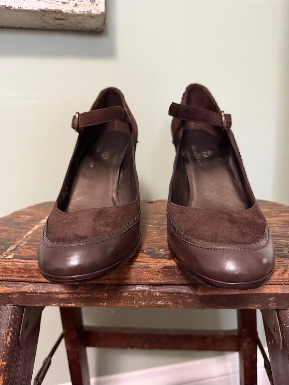 Cole Haan Dark Brown Suede & Leather Scallop Trim Mary Jane Heels